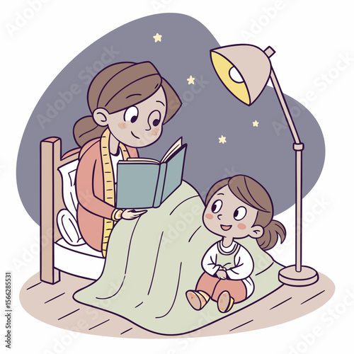 A woman reading a book to a child sitting on the floor near a bed with stars and a lamp in the background
