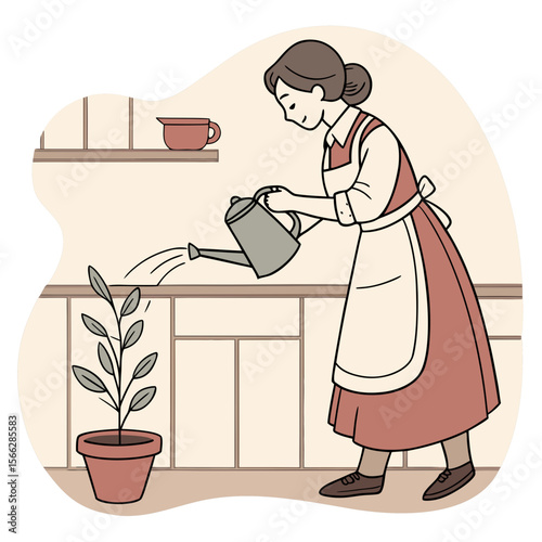 Woman in apron watering a plant in a pot with a watering can in an indoor setting with shelves and cup