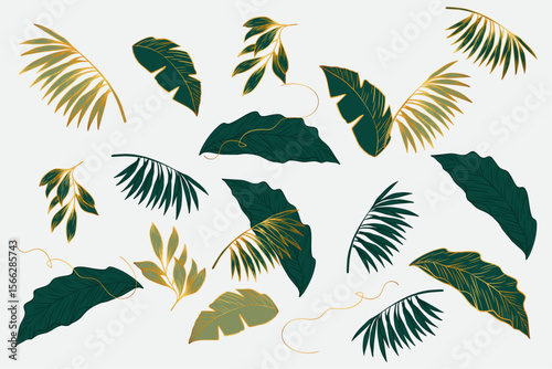 Elegant tropical leaves in deep green and gold with delicate golden vines on a clean white background perfect for luxurious botanical designs and sophisticated decor