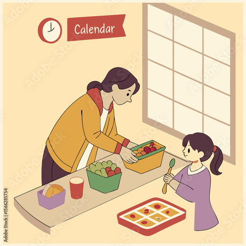 A woman and a girl in a kitchen preparing food with a calendar and window in the background together now