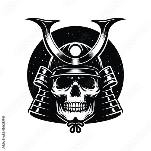 Samurai Skull Head with Helmet and Crescent Horns - Japanese Warrior Emblem