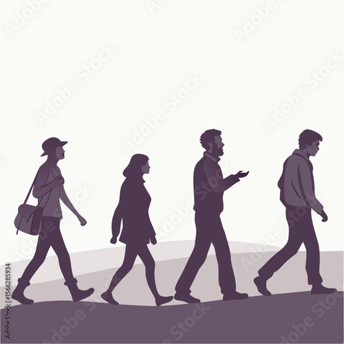 Silhouette illustration of four people walking in a row on a path with a light background scene view