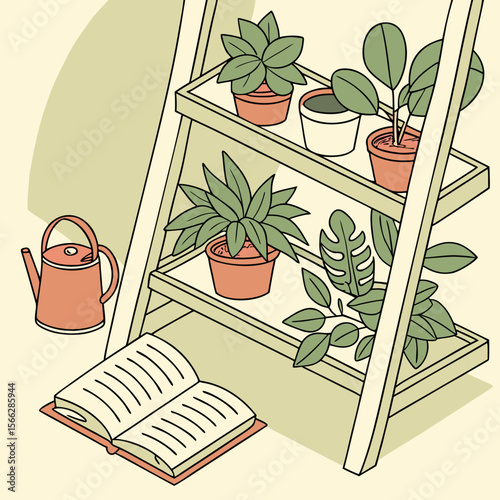 Indoor plant shelf with potted plants, a watering can, and an open book in a cozy, stylized setting
