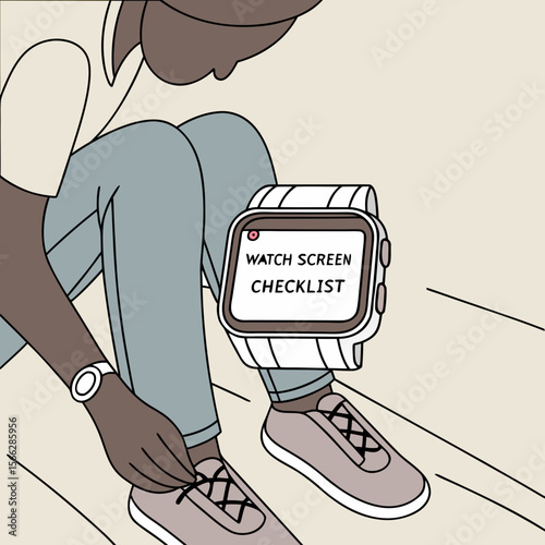 Person tying shoelaces with a smartwatch displaying watch screen checklist sitting on their leg today