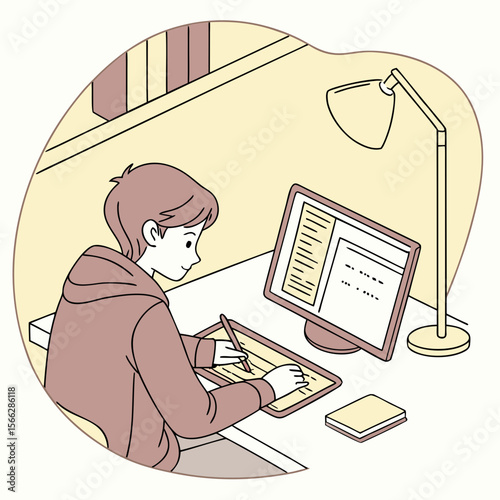 A person drawing on a tablet with a stylus next to a computer and a lamp on a desk in a room setting