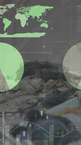 Animation of statistics recording over lorry in waste disposal site
