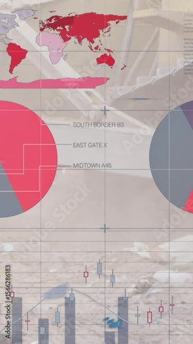 Animation of statistics recording over bulldozer in waste disposal site
