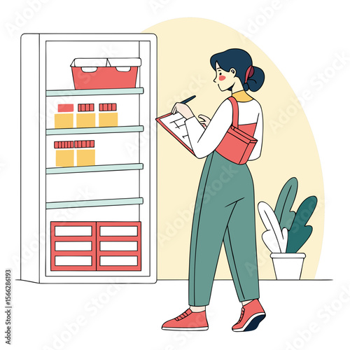 A woman with a clipboard checking the contents of a refrigerator filled with food containers and jars inside