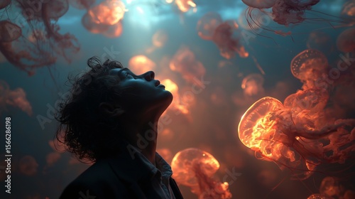 a woman look up to jellyfish in aquarium