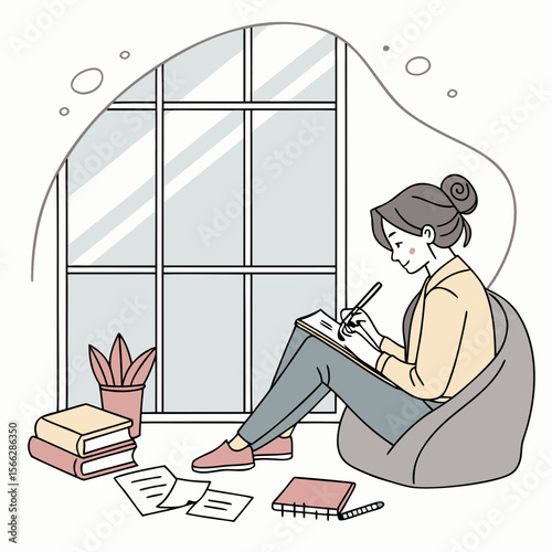 A woman sitting in a beanbag chair by a window writing in a notebook with books and papers nearby indoors