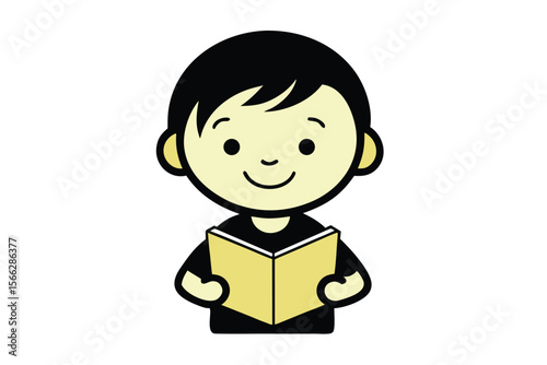 Joyful child with book learning and reading illustration for banners