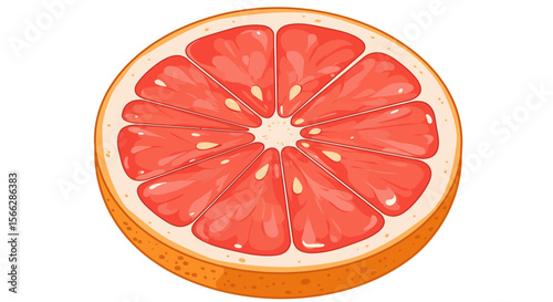 A vibrant, fresh grapefruit slice with juicy pink segments is beautifully illustrated in a detailed, appealing style against a clean white background.