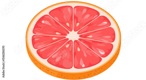 A vibrant, fresh slice of pink grapefruit with juicy segments is perfectly isolated on a clean white background, showcasing its citrus appeal.