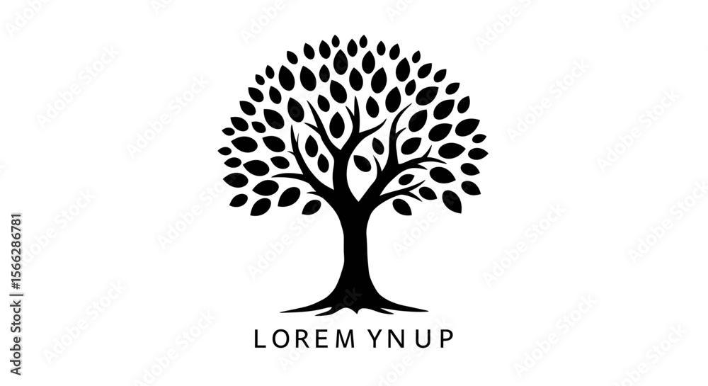 Obraz premium A minimalist black silhouette of a mature tree with a full leafy canopy and strong roots, isolated on a clean white background, ideal for a nature-inspired logo design.