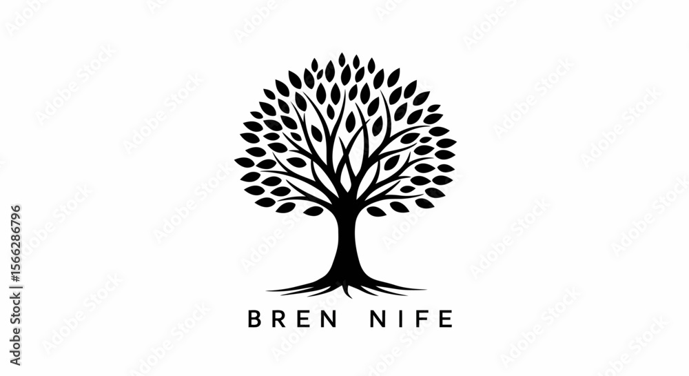 Obraz premium A minimalist black and white graphic design features a stylized tree with abundant leaves and visible roots, symbolizing growth and nature on a clean white background.