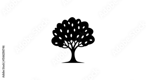 A minimalist black silhouette of a healthy tree with a dense canopy and strong trunk, isolated on a clean white background, symbolizing nature and growth.