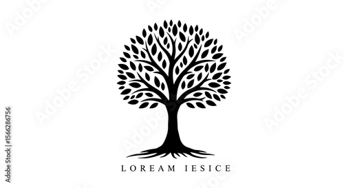 A stylized black tree silhouette with detailed leaves and visible roots stands as an elegant emblem on a clean white background.