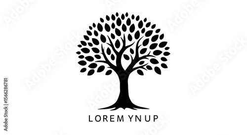 A minimalist black silhouette of a mature tree with a full leafy canopy and strong roots, isolated on a clean white background, ideal for a nature-inspired logo design.