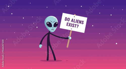 A cartoon alien with large eyes stands defiantly in a starry purple and pink cosmic landscape, holding a sign asking "DO ALIENS EXIST?".