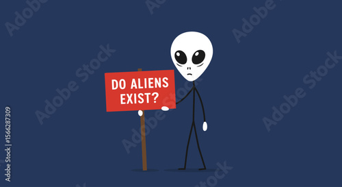 A simple cartoon stick figure alien holds a red sign asking the profound question, "Do aliens exist?" against a dark blue background.