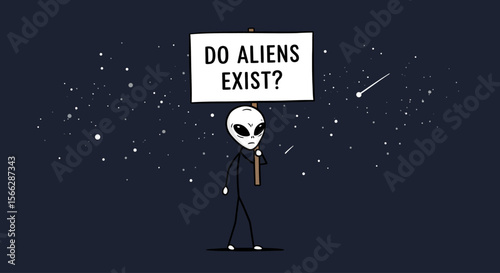 A whimsical cartoon alien holds a thought-provoking sign asking 'Do Aliens Exist?' against a starry night sky, sparking curiosity.