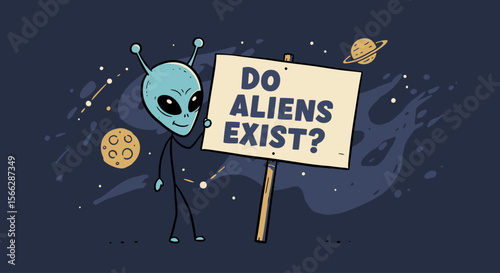 A friendly cartoon alien character stands in a whimsical starry space holding a sign that poses the intriguing question, "Do aliens exist?"
