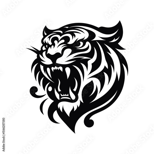Roaring Tiger Head Vector in Monochrome Style - Fierce Jungle Predator Tattoo Design 