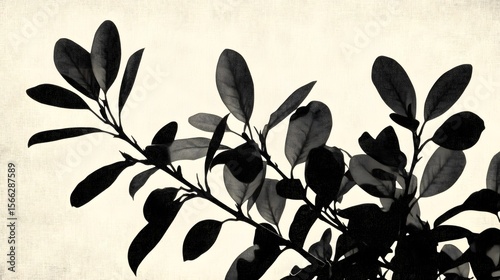 Dramatic Sepia Silhouette Botanical Print Lush Foliage Branch
