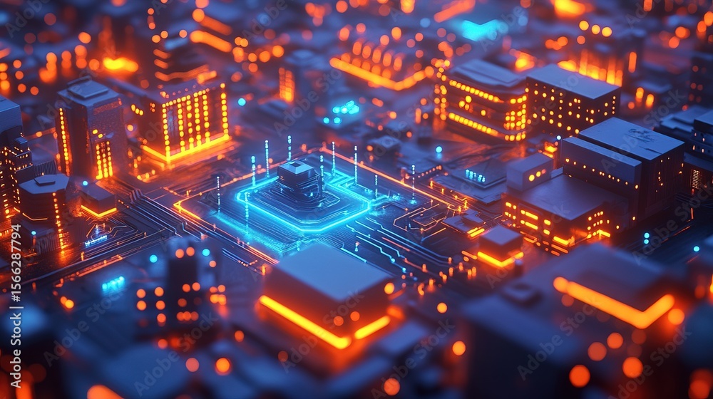 Fototapeta premium Abstract Futuristic Circuit Board with Glowing Components and Electronic Cityscape