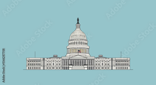A clean, minimalist flat design illustration of the iconic United States Capitol Building, symbolizing government and democracy against a serene blue background.
