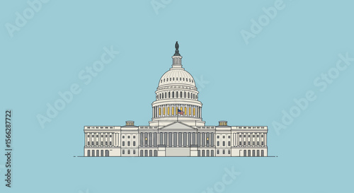 A minimalist line art illustration of the iconic United States Capitol Building, symbolizing government and democracy against a clean blue background.