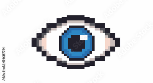 An iconic pixel art blue eye, crafted with a vintage 8-bit video game aesthetic, presents a bold visual representation of sight and digital interface.