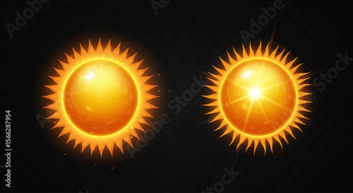 Two bright, glowing celestial bodies, resembling suns or stars, illuminate the vast darkness of space, one with a prominent solar flare.