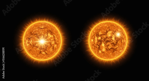 Two bright, glowing celestial bodies, resembling suns or stars, illuminate the vast darkness of space, one with a prominent solar flare.