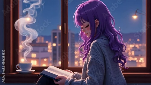 Lofi anime girl reading book by window, cozy purple hair character with hot coffee, aesthetic night city view background, relaxing chillhop study vibes