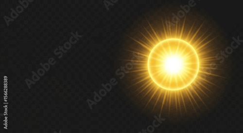 A brilliant golden sun or lens flare effect radiates bright light and energy on a dark, transparent background, perfect for digital design.