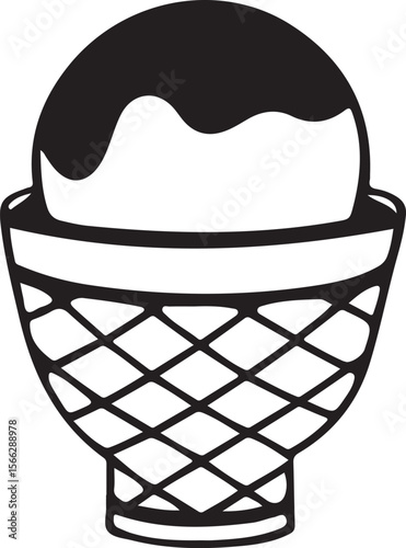 Simple Black and White Ice Cream in Waffle Cone:  Sweet Treat, Dessert Menu Graphic, Minimalist Style Illustration.
