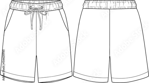 Drawstring Shorts Design Front and Back View, Elastic Waistband with Pockets, Comfortable Summer Apparel, Fashion Sketch Illustration, Vector Clothing Template