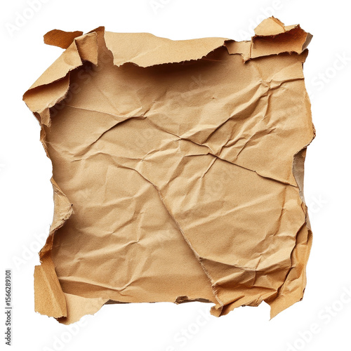 Crumpled and ripped brown cardboard paper isolated on Transparent background, Crumpled ripped blank brown cardboard paper isolated on PNG background