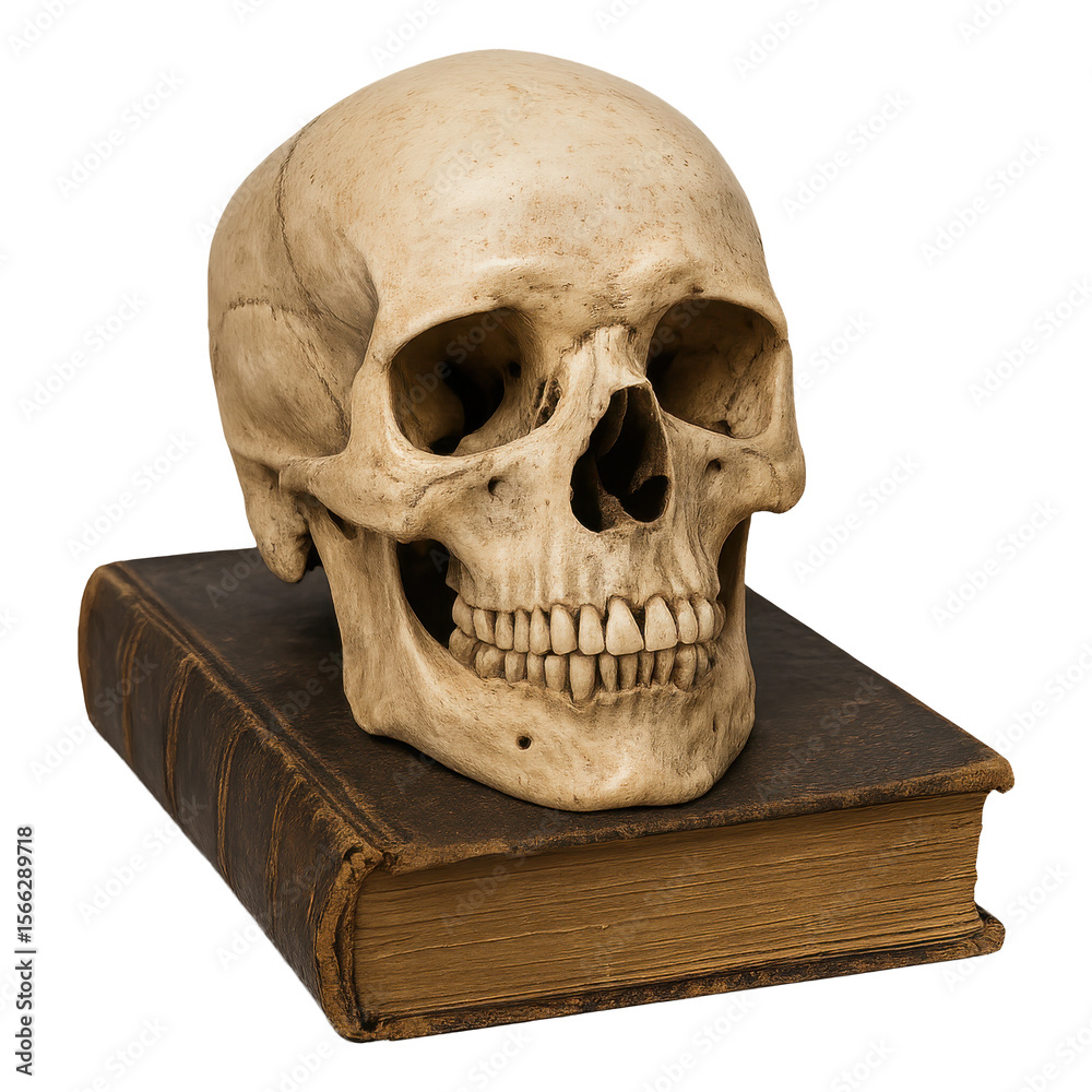 Fototapeta premium Real photo of human skull on old book with transparent background