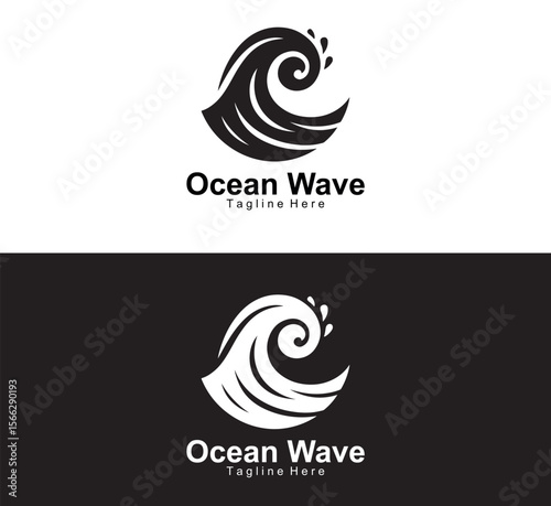 Elegant Ocean Wave Logo with Curved Splash Symbol in Black and White