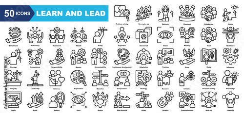 Learn and Lead icon collection set.Problem solving,Never give up,Motivate,Charisma,Collaborate,Attain,Enrichment.Simple line vector.