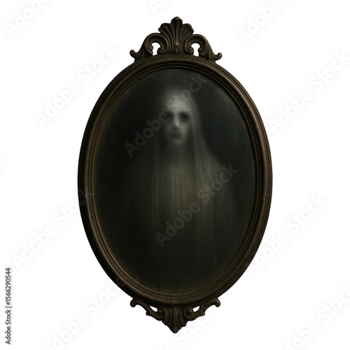 Real photo of spooky mirror with ghost reflection with transparent background