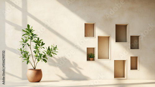 Cream Wall with Cutout Window Shapes and a Potted Plant, Generative AI
