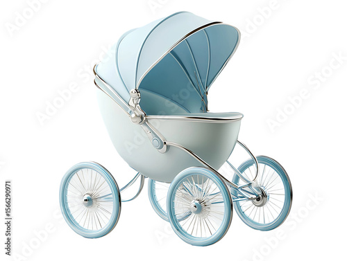 3D Of Elegant Baby Carriage in Blue and Silver on Transparent Background