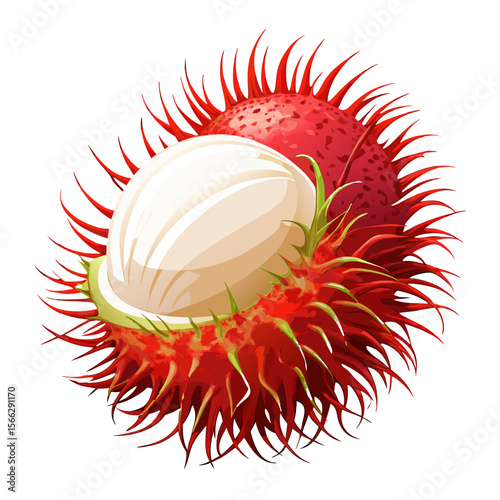 Rambutan Fruit PNG Vector Isolated Tropical Exotic Red Spiky Botanical Illustration