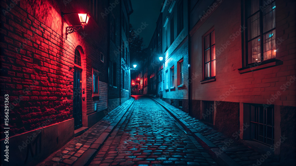 Fototapeta premium Enigmatic European Alleyway at Night Cobblestone Street, Red and Blue Lighting