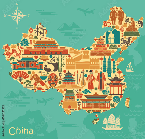 Colorful vector map of China with traditional culture symbols architecture nature panda dragon and landmarks in flat style. Perfect for travel prints souvenirs gifts education tourism and Asian design