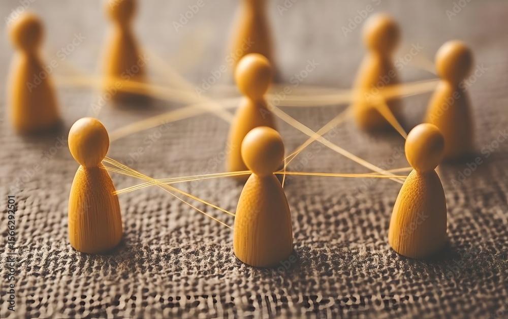 Obraz premium Interconnected Wooden Figures Network Teamwork Concept