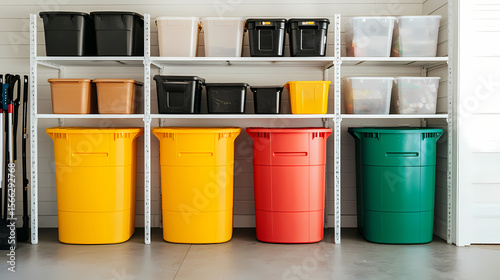 Four large colorful recycling bins and multiple storage containers are organized neatly on white metal shelves in a clean garage space.